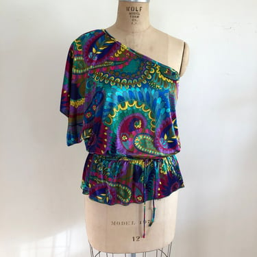 Paisley/Psychedelic Print One-Shoulder Blouse - Early 2000s 