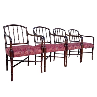 Set of 4 Vintage Faux Bamboo Mahogany Arm Chairs by Hickory Chair with Spindles & Cross Stretcher - Hollywood Regency Style Furniture 