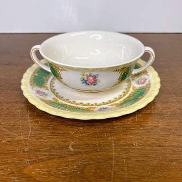 Vintage Myott Staffordshire Bouillon Soup Cup and Saucer Green Band Floral 
