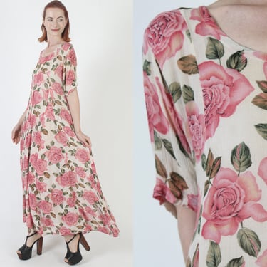 Romantic Rose Print Grunge Dress / 90s Sheer Violet Floral Gauze Material / Gypsy Oversized Sweeping Skirt 
