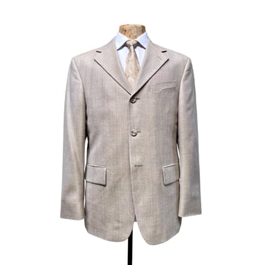 Vintage Oscar de la Renta 3 Button Sport Coat, Beige Silk-Wool Blend Glen Plaid Blazer, Luxe NWOT Designer Jacket 38S, VFG 