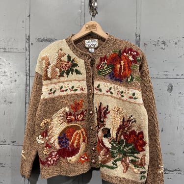 Vintage 90s Fall Thanksgiving picture Knit cardigan Sweater fall heirloom collectibles 