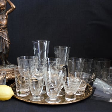 17 Mismatched Party Lot Vintage Engraved Elegant Stemware Wine Cocktail Whiskey Beer Glasses 