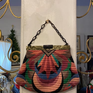 1920s handbag, vintage purse, needlepoint bag, Art Deco, flapper style, lucite frame, ombre pink and blue, geometric, tortoise chain, 1930s 