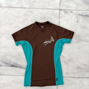 Y2K Vintage O'Neill Rash Guard Brown Blue UV Block 50 Sun Swim Top Stretch Surf 