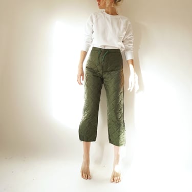 Vintage Military Quilted Liner Pants | Green Quilt Cotton Army High Waist Liner Pants |  Insulated Puffer | S 