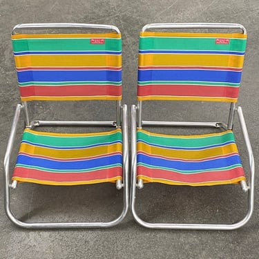 Vintage Beach Chairs Retro 1990s Rio + Beach Collection + Set of 2 + Aluminum Frame + Lawn Chair + Striped + Colorful + Folds Up + Summer 