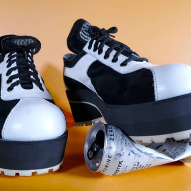 1990s platform wedge shoes chunky block heels leather suede black & white lace-ups bicycle toe Disco club rave  (M9/W10.5)) 