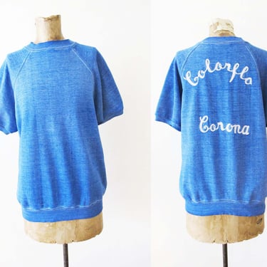 Vintage 70s Chainstitch Embroidered Raglan Shirt L - 1970s Heather Blue Short Sleeve Sweatshirt Corona Colorflo - Vintage California 