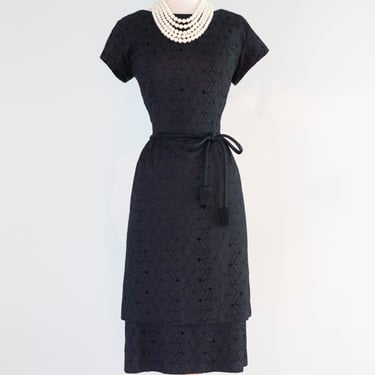 Classic Late 1950's Black Cotton Eyelet Cocktail Dress With Darling Flower Bud Sash / ML