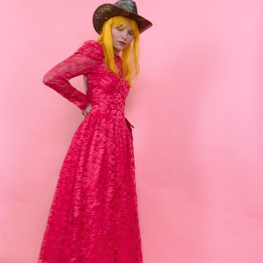 80s Neon Pink Lace Dress 