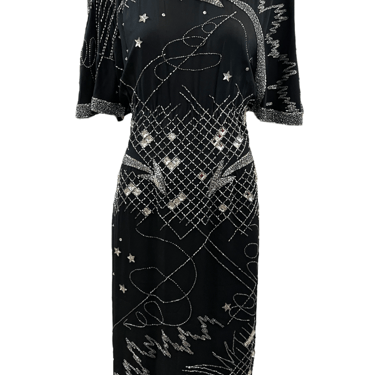 Fabrice 80s Black Beaded Cocktail Dress with Stars