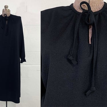 Vintage Black A-Line Dress Long Sleeves Tie Neck Collar Mod Midi Wedding Blair Plus Curvy Volup XL XXL 1XL 1X 1970s 