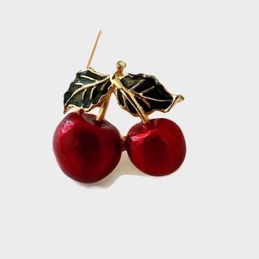 Red Cherry On Stem Enamel Brooch - Vintage Fruit Pin