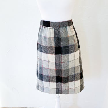80s Rainbow Grid Cream Black Gray Plaid Wool Knee Length Skirt | Small/Medium/28