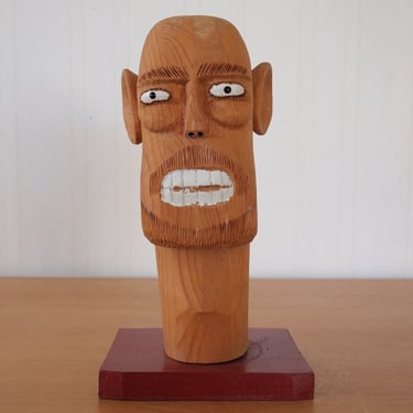 Original SULTON ROGERS Folk Art SCULPTURE Hand-Carved Wood Bust, 10" High, Man Male Portrait Modern outsider art brut Black African American 