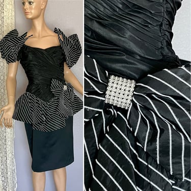 FABULOUS Vintage 80s Cocktail Dress, Statement Sleeves, Big Bow, Rhinestones, Peplum, Ruched Wiggle, Size 4 US 