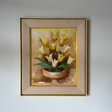 70's Ladd Prucha " Tulips " Original Still Life Oil On Canvas Painting 