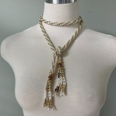 1950s Vintage Beaded Amber Gemstone Choker Long Pendant Tassel Necklace 