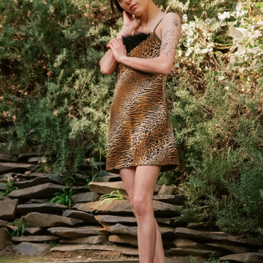 90s Leopard Print Dress / Tiger Stripe BYER TOO! Leopard Mini Dress / Cheetah Print Feather Trim Slip Dress / Lingerie Babydoll Dress 