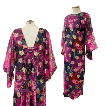 Vtg 70s 1970s Glam Mod Metallic Gold Pink Fuchsia Kimono Sleeve Boho Maxi Dress 