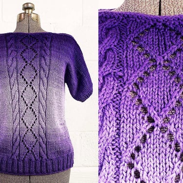 Vintage Purple Ombre Short Sleeve Sweater Space Dyed Knit Handmade Blouse 1980s 1990s Medium Large 