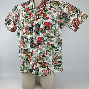 1950's Rayon Shirt - Asian Inspired Print - VAN HEUSEN Label - Pagoda Garden Theme - Loop Collar - Patch Pocket  - Men's Medium 
