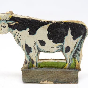 Antique German Embossed Die Cut Cow on Wood Stand, Vintage Store Premium,  Stand Up Farm Toy, Skittle 