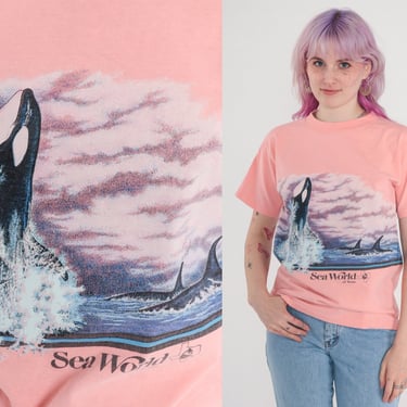 Orca Whale T Shirt 90s Sea World Texas Killer Whale Shirt Animal Tshirt 90s Top Pink Graphic Tee Under The Sea 1990s Vintage Small Medium 