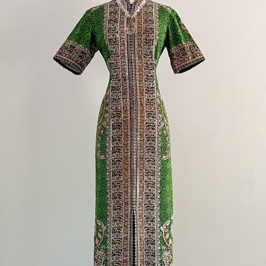 Amazing 1960's Batik Green and Coral Printed Maxi Dress / Sz M