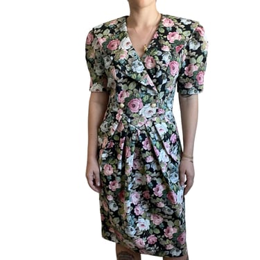 Jessica Howard 80s Dark Floral Secretary Boho Prairie Retro Mini Dress Sz M 