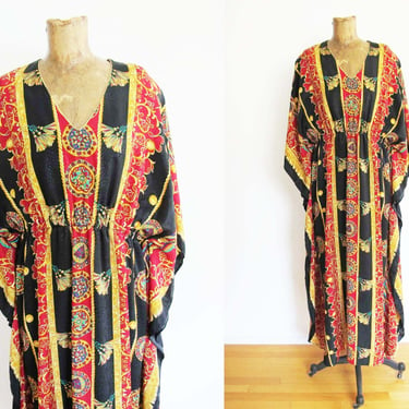 Vintage 80s Kaftan S M - 1980s Ruth Norman Black Gold Tassel Angel Sleeve Bohemian Empire Waist Maxi Dress 