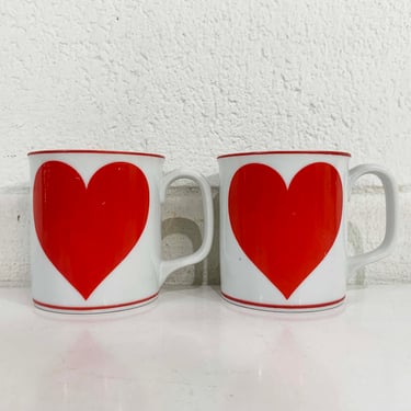 Vintage Heart Mugs Set of 2 Pair Coffee Cup Valentine's Day Tea Gift Love White Red Japan 1970s 
