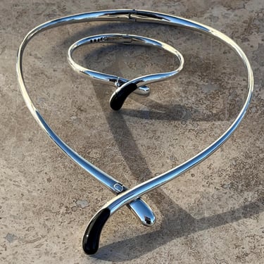 Sigi Pineda ~ Vintage Taxco Sterling Silver and Gold Sheen Obsidian Stone Hinged Crossover Choker Necklace with Bangle Bracelet Set 