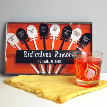 Novelty 1960s swizzle sticks - Ridiculous Rumors Highball Mixers - kitsch tasteless humor barware 