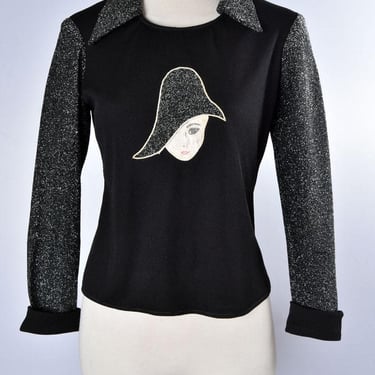 70's Pirate Pinup Lady Disco Top Blouse, Shirt, Tshirt, Black Metallic Silver 1970's Vintage Art Deco 