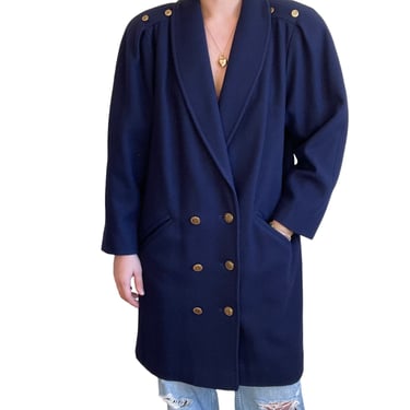 Vintage Womens J Gallery 80s Navy Blue Double Breasted Retro Trench Coat Sz M 