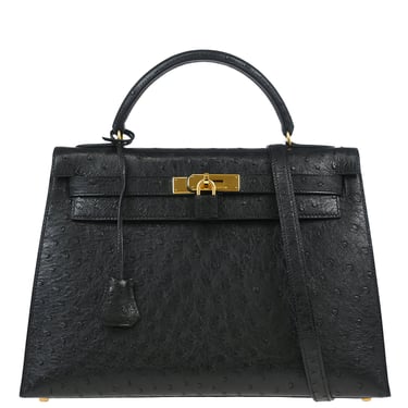 Hermes * 1995 Black Ostrich Kelly 32 Sellier Handbag