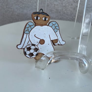 Vintage St Andrews Abbey pottery angel ornament soccer theme size 3.5” 