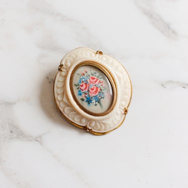 rare 1930s french hand painted floral pin with bakelite border