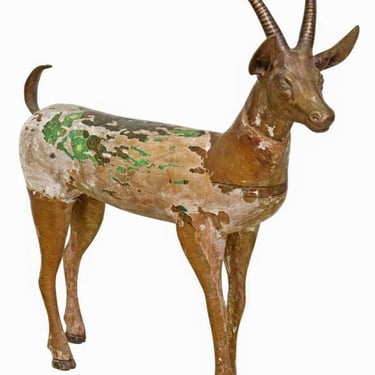 Large East African Folk Art 19th / Early 20th Century Carved Polychrome Painted Wood & Bronze Antelope Deer Sculpture / Antique Statue 