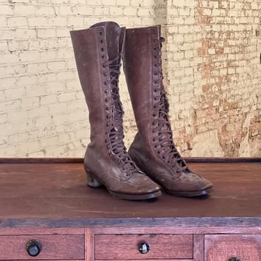 Antique Women’s Brown Leather High Lace Up Tall Boots 