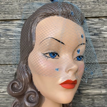 1950s blue fascinator veil vintage velvet bow netted cap hat 