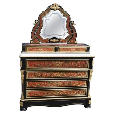 Superb Etched Mirror Brass Inlaid Marble Top Boulle Style Dresser Secretary Desk