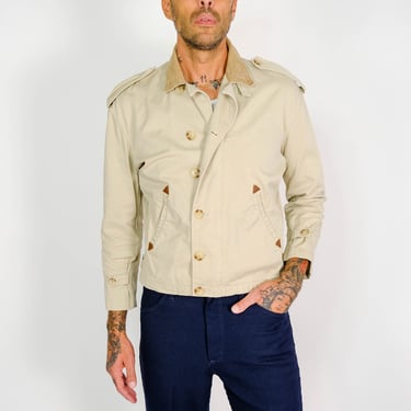 Vintage 80s RALPH LAUREN Khaki Tan Cotton Zip Up Jacket w/ Leather Dart Pockets & Corduroy Collar | 1980s Does 1940s POLO Americana Jacket 