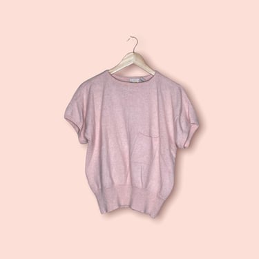 Vintage 80's Liz Claiborne Cotton Candy Pink Short Sleeve Lambswool and Angora Sweater, Size Medium 