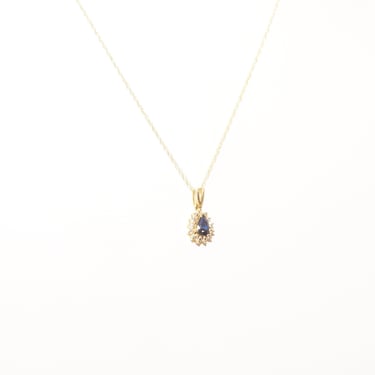 Sapphire Diamond Halo Teardrop Pendant Necklace In 14K Yellow Gold, 1mm Cable Chain, Estate Jewelry, 18 1/2
