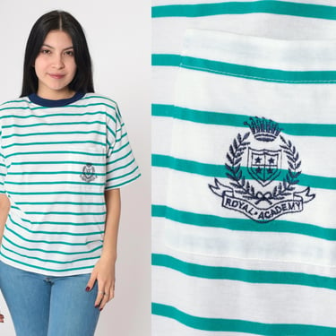 90s Striped T Shirt Royal Academy Crest Pocket T Shirt Green White Ringer Tee Retro Tee Vintage 1990s Short Sleeve Crewneck Medium 