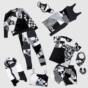 black + white 'all-over reroll' SUPER MEGA bundle (sweatshirt + jogger + mask + shorts + tee shirt + dress + cropped tank top + bandana or scrunchie)