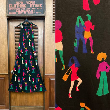 Vintage 1960s Black Background Cartoon Women Mod Maxi Dress, Vintage 1960’s Dress, Maxi Dress, Mod Dress, Women Print, Cartoon Print 